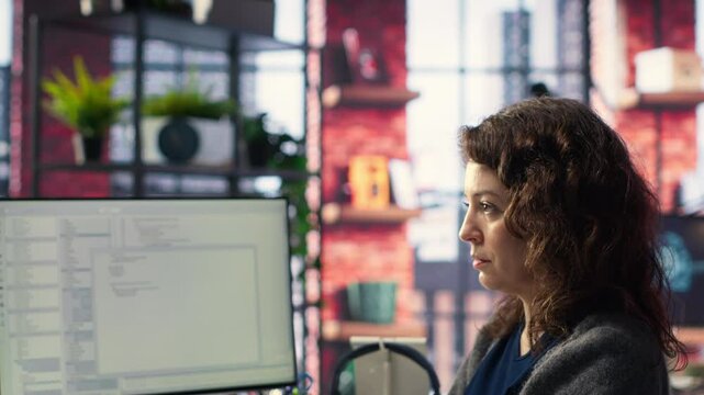 Female programmer developing app and software algorithm on pc, working at creative agency. Engineer uses digital tools and focuses on java script engineering and coding, IT specialist. Camera B.