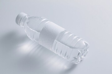 Naklejka premium A transparent water bottle lying on a clean surface, filled with clear water, reflecting its surroundings