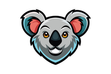 Smiling koala head cartoon features grey fur and gold eyes on a white backdrop