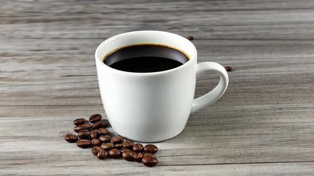 Aromatic Morning Brew: A pristine white mug of rich, black coffee with carefully placed coffee beans, perfect for morning routines or a cozy coffee break.