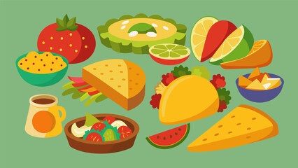 A delectable assortment of homemade Mexican snacks featuring crispy tostadas and flavorful gorditas.. Vector illustration