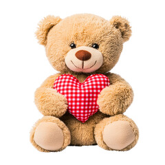 Obraz premium Cute teddy bear holding red checkered heart, symbolizing love and affection. plush toy soft texture and friendly expression make it ideal gift for special occasions