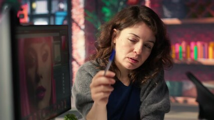 Photographers team collaborating on editing high quality content using a software. Editing interface provides advanced image enhancement and color correction tools, photo retouching. Camera B.