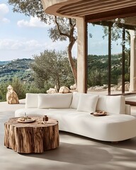 Modern curved sectional sofa and tree-trunk coffee table on a patio overlooking scenic hills