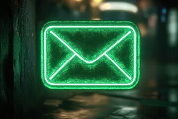 glowing green neon envelope icon on dark textured wall signaling digital communication in low light environment