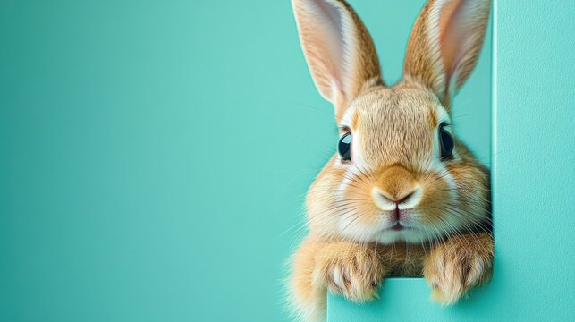 Close-up of a curious brown rabbit peeking over a turquoise surface with large ears upright against a matching turquoise background