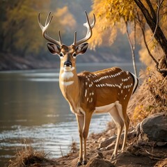 Obraz premium Potrait of Chital having a good photo shoot near a river during fall AI Generated Image