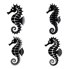 Set of Black Seahorse Silhouette Icons, Marine Animal Vector Collection for Ocean and Nautical Design
