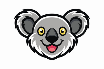 Cheerful cartoon koala head with black outlines and bright yellow eyes smiles softly