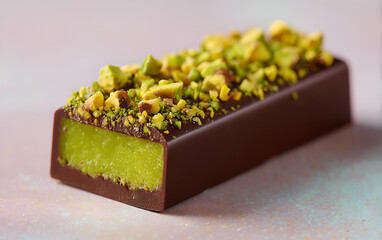 Chocolate bar with green pistachio filling and nuts