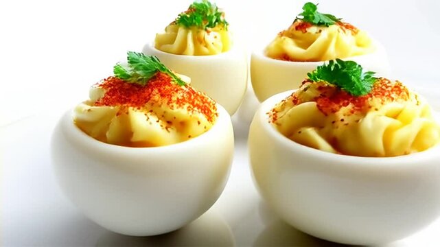Deviled Eggs Topped with Paprika and Parsley for Easter Celebration on White Background