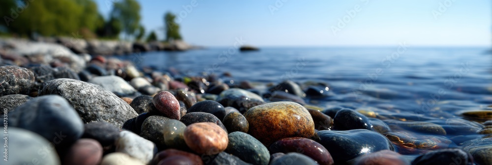 Aufkleber sunlit smooth pebbles along the tranquil lakeside with clear blue skies on a serene day generative a
