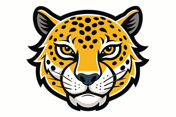 Front view of the yellow jaguar face with black spots shows fierce expression