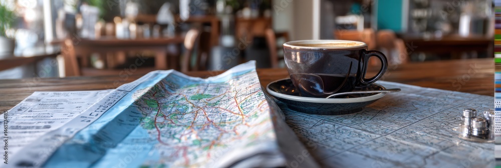 Poster Tourist Map Unfolded on a Cafe Table With Coffee in a Cozy Dining Space During a Leisurely Exploration Generative AI