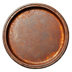 Round, rusty metal tray with weathered surface and visible corrosion, showcasing vintage and industrial look. texture highlights aged and worn nature of metal