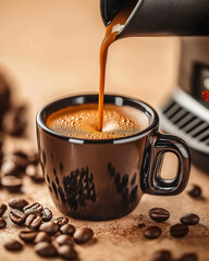 Fresh Hot Coffee Being Poured Into Black Cup With Beans
