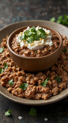 Refried Beans with Cheese and Cilantro Garnish