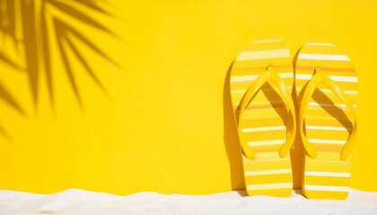 Summer concept. Palm tree shadow from left and right side, yellow strip sandal, on yellow background
