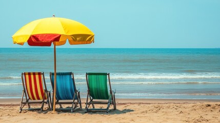 Relaxing Beach Scene with Colorful Chairs and Umbrella by the Sea