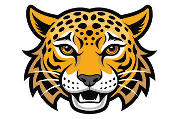 Illustrated jaguar head gazes forward, showcasing golden fur and striking black spots with intensity