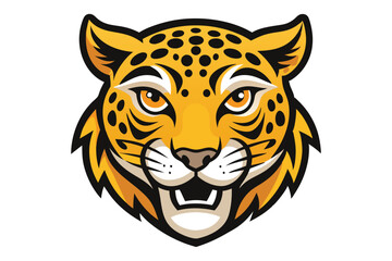 Front view of a yellow leopard face with black spots shows intense golden eyes