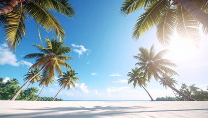 Sunny Tropical Beach With Palm Leaves And blurred shiny blue ocean and white sand 