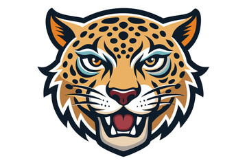 Obraz premium Fierce jaguar head roars openly, featuring distinct black spots and striking light blue eyes