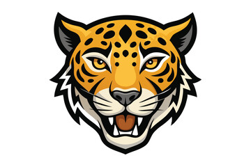 Fierce jaguar mascot displays sharp teeth, golden eyes, and black markings against white