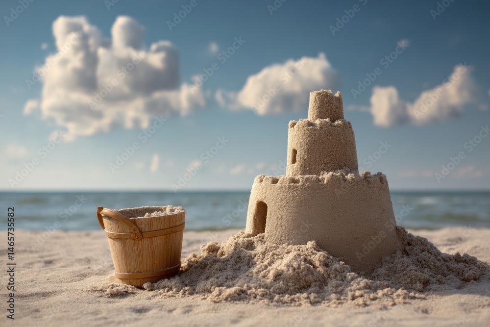Poster crumbled sandcastle on the beach with a tiny bucket beside it under a blue sky filled with clouds ge