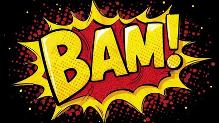 Retro pop art explosion graphic featuring the word “BAM!” in bold yellow letters with red outline and jagged burst shape on black background with halftone dots - Powered by Adobe