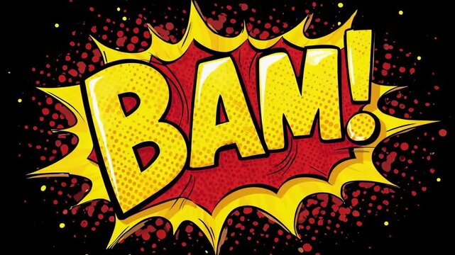 Retro pop art explosion graphic featuring the word &ldquo;BAM!&rdquo; in bold yellow letters with red outline and jagged burst shape on black background with halftone dots