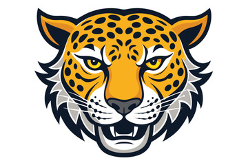 Aggressive jaguar head showing teeth with golden eyes on white background dominates the view