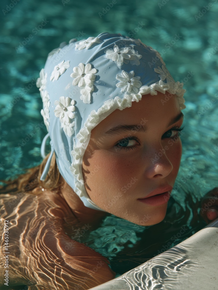 Poster retro swimming cap with floral design highlights a sunny day by the poolside generative ai