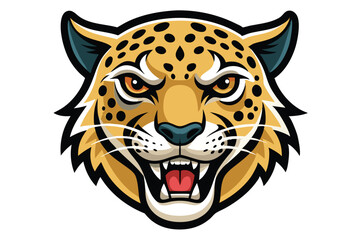Cartoon jaguar head displays intense eyes and snarling teeth on a white backdrop
