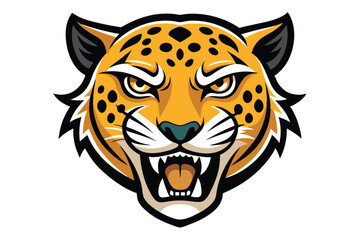 Golden jaguar head displays open mouth with sharp teeth in a fierce vector