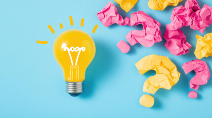 A vibrant light bulb shines on crumpled paper with question marks, symbolizing creativity and innovation in problemsolving.