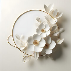 Minimalist 3D illustration of white paper flowers with golden stems and leaves, arranged in an elegant circular frame on a soft light background. Perfect for decor or luxury design.