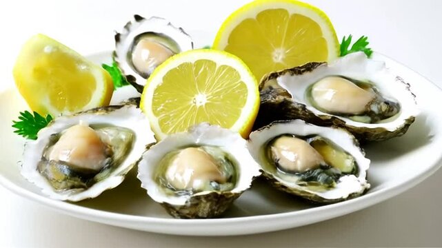 Fresh Oysters on a White Plate Garnished with Lemon Wedges and Parsley High Angle View Perfect for Culinary and Seafood Themes Restaurant Promotions