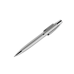 Sleek silver ballpoint pen with shiny metallic finish, featuring retractable mechanism and sturdy clip for easy attachment. Ideal for professional and everyday use