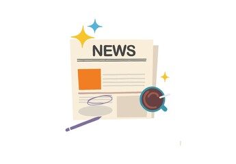illustration of a newspaper titled “NEWS” with a pen and a cup of coffee next to it. A whimsical design showing the joy of reading and writing, with stars and bright colors.