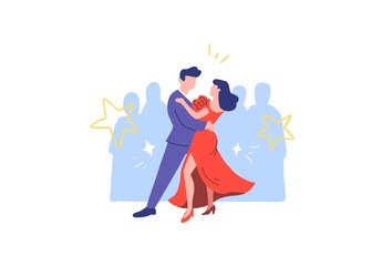 Illustration of a couple dancing gracefully, with the woman in a red dress and the man in a suit, highlighted with stars and an audience in the background