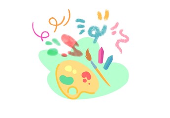 Colorful artistic palette with brushes and scattered colorful strokes, capturing a creative and whimsical essence with vibrant hues and an explosion of paint