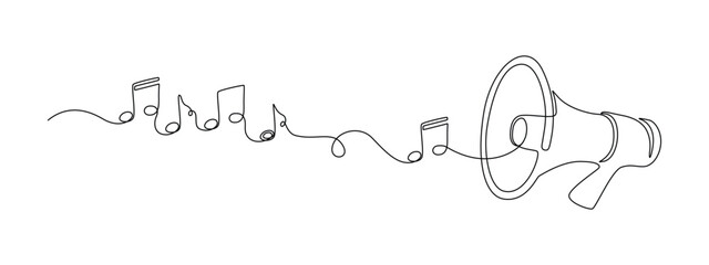 Loudspeaker with music note in one continuous line drawing. Megaphone translating radio sound and voice song in simple linear style. Music school concept in editable stroke. Vector illustration