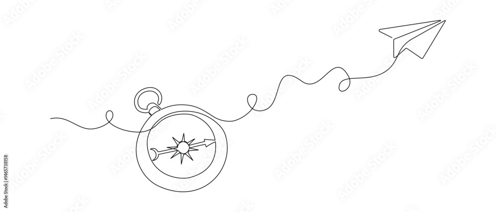 Leinwandbilder traveller compass and paper plane in one continuous line drawing. map guide and new adventure symbol