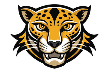 Detailed jaguar head with yellow fur and fierce eyes stares forward intensely