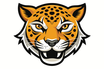 Orange jaguar with black spots displays fierce expression and white teeth against solid background