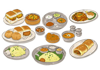 Illustrated Collection of Indian Cuisine Featuring Pani Puri, Pav Bhaji, and Vada Pav