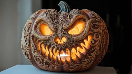 Ornate carved pumpkin with a fierce, glowing face.
