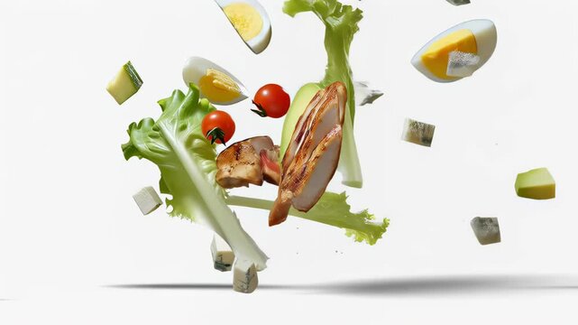 Ingredients of caesar salad including grilled chicken, romaine lettuce, cherry tomatoes, egg, cheese cubes and dressing caught in mid-air on white background. 