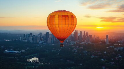 Fototapeta premium Orange hot air balloon floating over a cityscape at sunset with vibrant sky and distant buildings